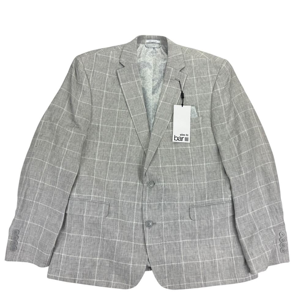 Bar III Mens Slim Fit 100% Linen Plaid Suit Jacket Gray 46R